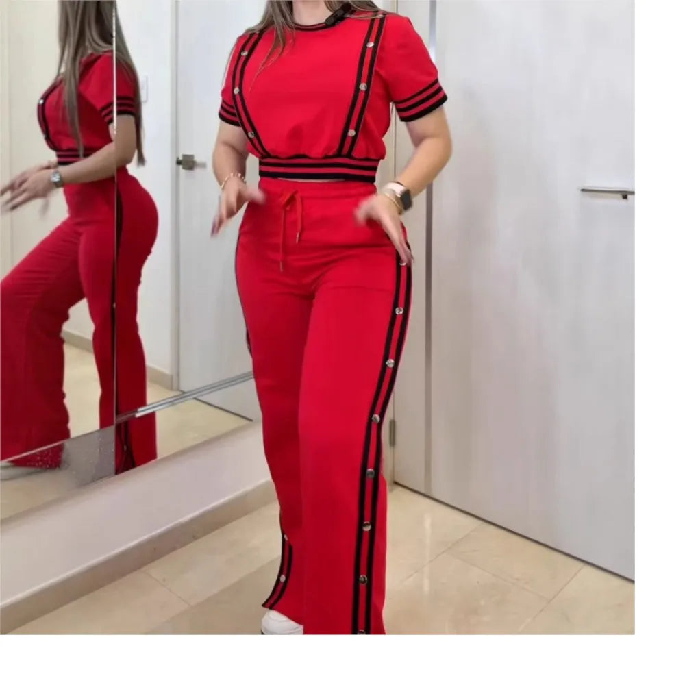Fashion Rivet T Shirt Short Sleeved Long Pants Women's Set Autumn Casual Striped Red Slit Straight through Long Pants Sports Set