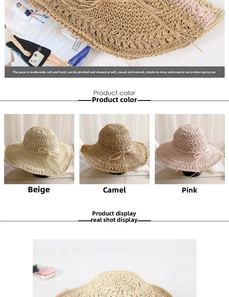 Foldable Sun Protection Straw Hat Women's Summer Korean Style Beach Vacation Outing Large Brim Sand Beach Cap Lace Net Hat