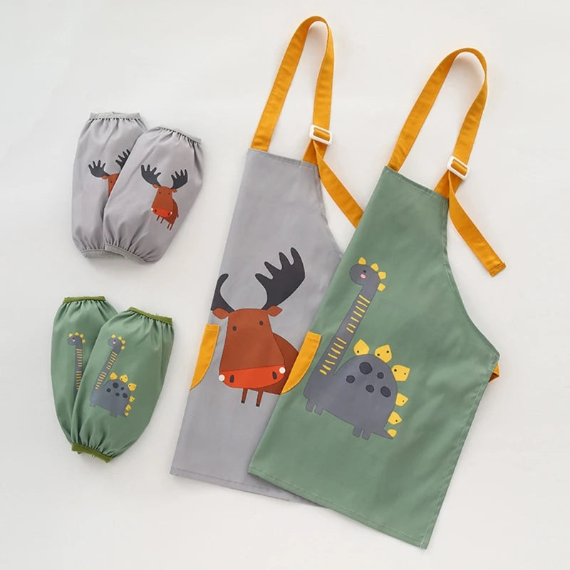 Cute Cartoon Children Apron with Sleeves Set Baby Bibs Kids Craft Art Apron Kitchen Cooking Suit Toddler Burp Cloths for 3-12Y