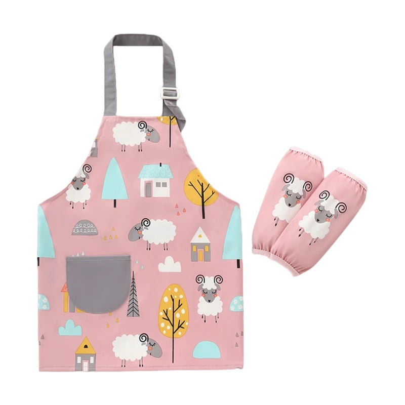 Cute Cartoon Children Apron with Sleeves Set Baby Bibs Kids Craft Art Apron Kitchen Cooking Suit Toddler Burp Cloths for 3-12Y