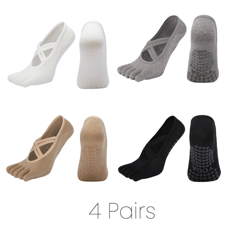 1/4 Pairs New Women Anti Slip Pilates Socks Five Toe Silicone Non-Slip Yoga Sock Bandage Ladies Fitness Sports Cotton Sock