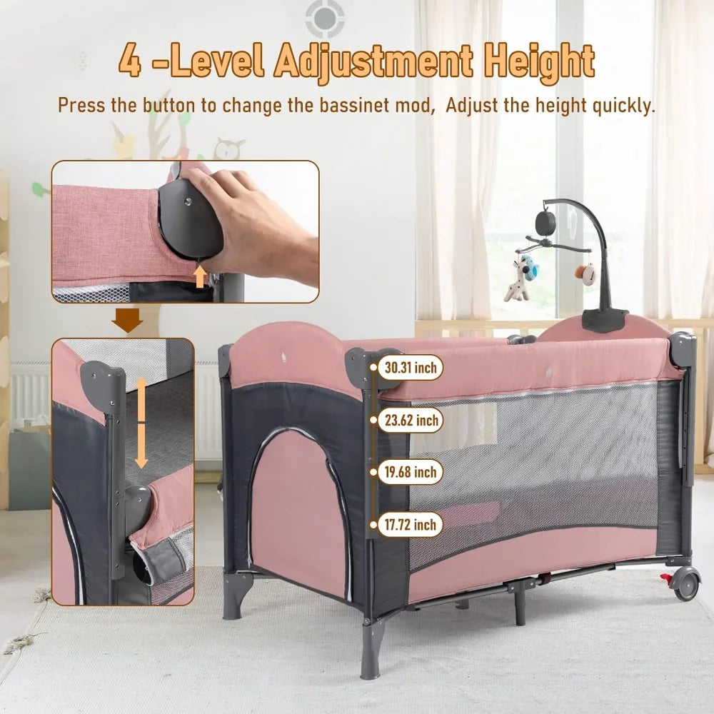 5 in 1 Baby Crib, Baby Bassinet Beside Sleeper, Pack and Play with Bassinet and Changing Table Portable Travel Baby Playpen