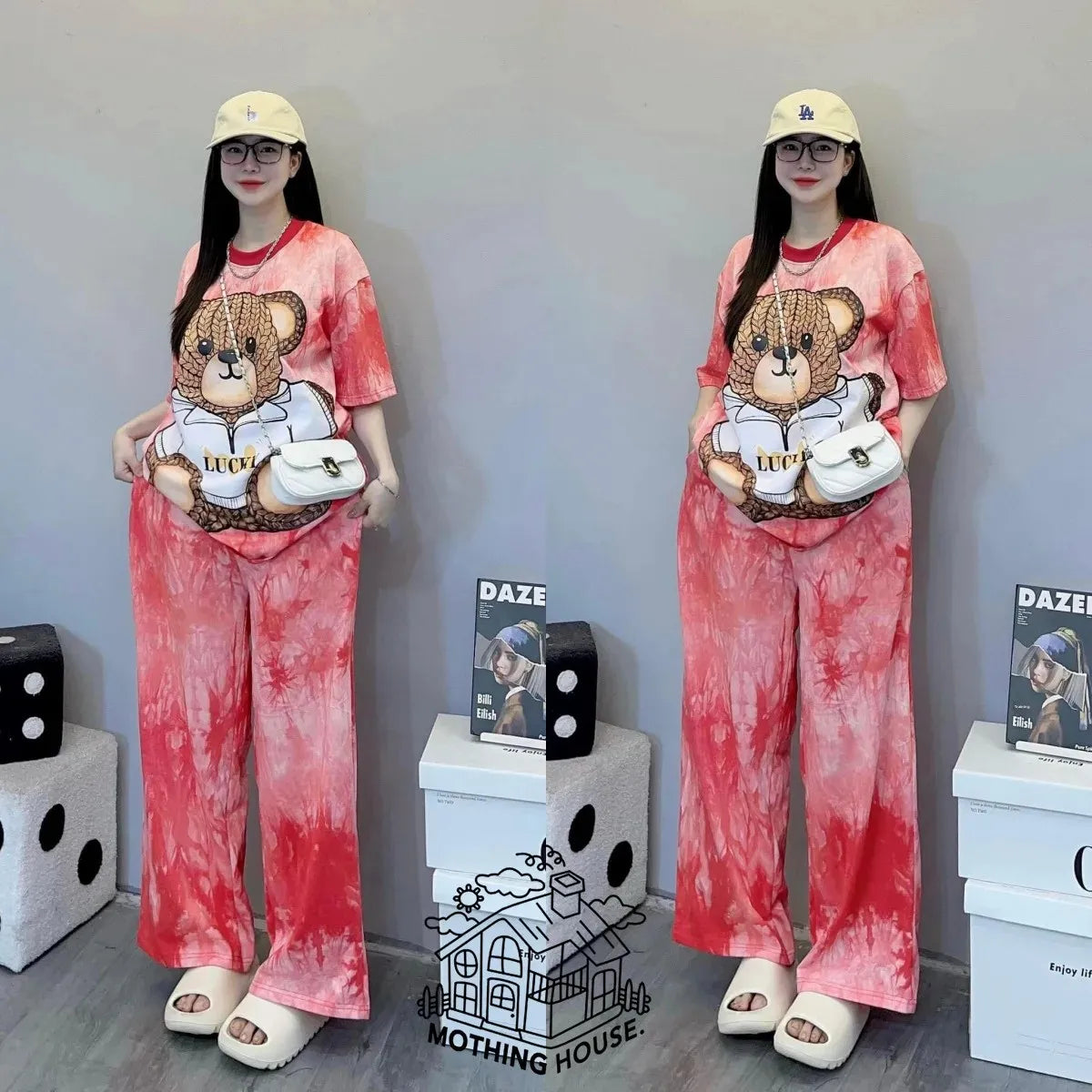 Fashionable Tie-Dye Set Women's Loose Bear Print Short Sleeve Wide Leg Pants Stylish Trendy Two-Piece Summer Outfit