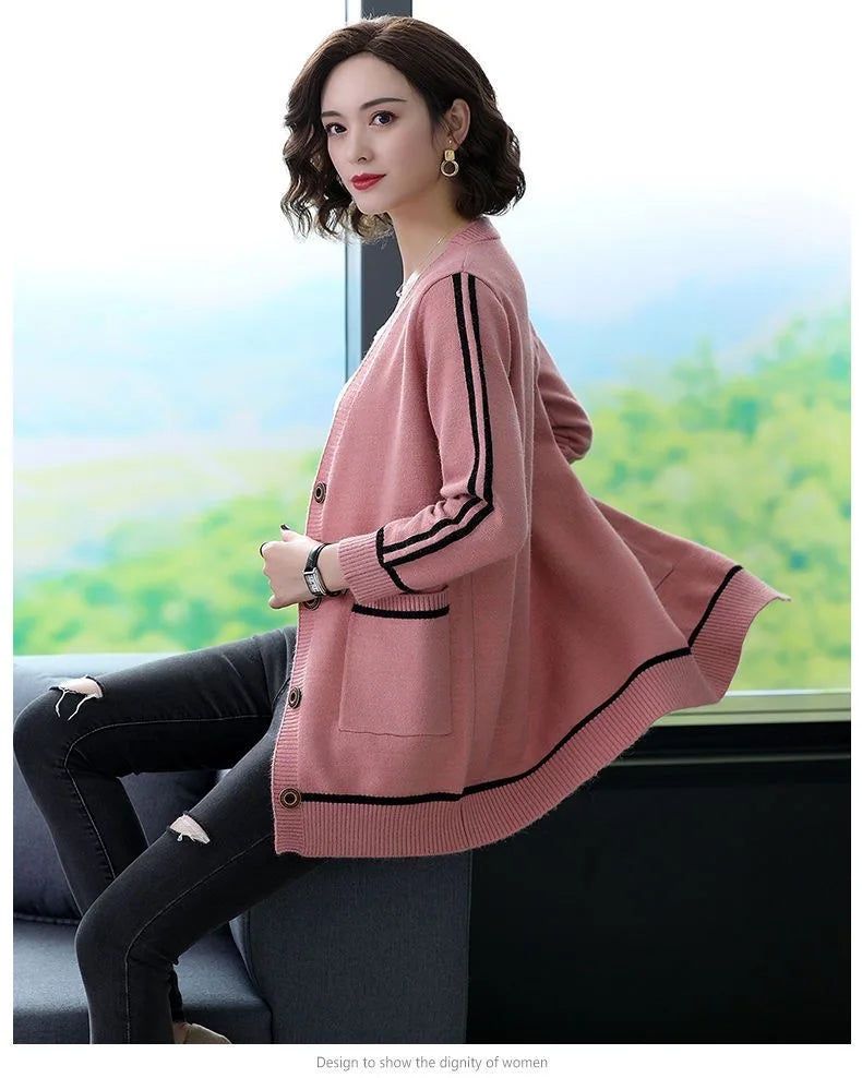Outwear Cardigan Women's Mid Length Spring Autumn New Large Size Loose Knitted Sweater Coat Thicken Knitwears Jacket S-2XL