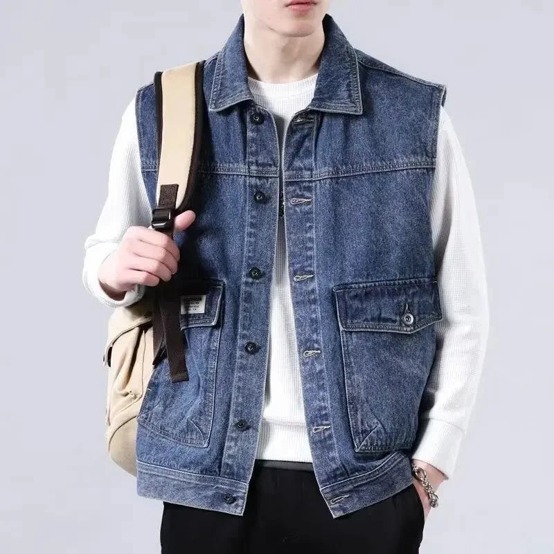 Loose Men's Denim Vest Spring Autumn American Retro Style Sleeveless Workwear Jacket Casual Trendy Brand Outerwear
