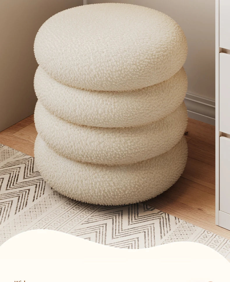Creamy Household Stool for Girls, Makeup Seat, Bedroom Vanity Chair, Soft Lamb Wool Pouf, Minimalist Manicure, Round Ottoman