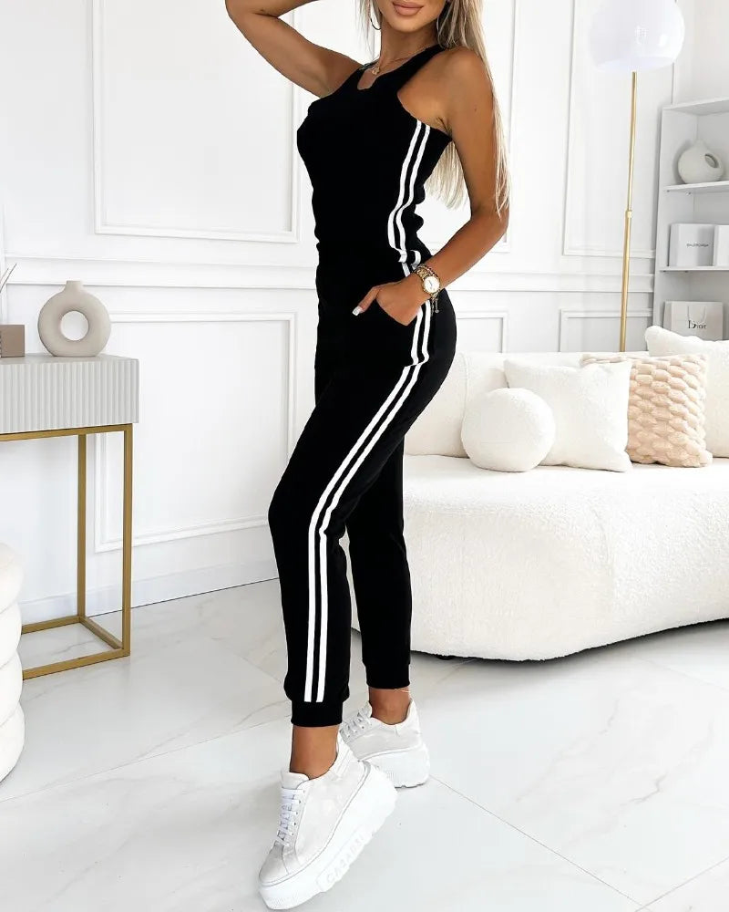 Autumn 3 Piece Tracksuit Outfit Set Striped Tape Patch Button Front Jacket Cuffed Pants Tank Top with Pockets for Casual Wear