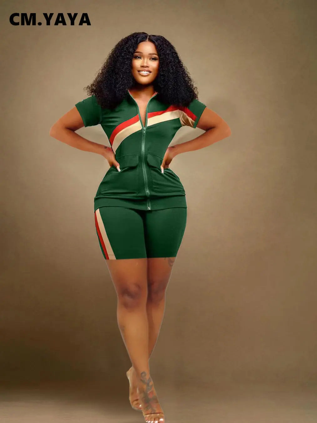 CM.YAYA Patchwork Fashion Women's Set Short Sleeve Track Top and Shorts Suit 2023 Sweatsuit Two 2 Piece Set Outfit Tracksuit