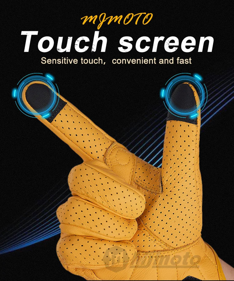 Retro Yellow Leather Motorcycle Gloves Men Women Breathable Perforated Motorbike Racing Gloves Touch Screen Motocross Moto Glove