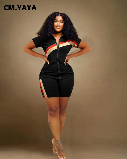 CM.YAYA Patchwork Fashion Women's Set Short Sleeve Track Top and Shorts Suit 2023 Sweatsuit Two 2 Piece Set Outfit Tracksuit
