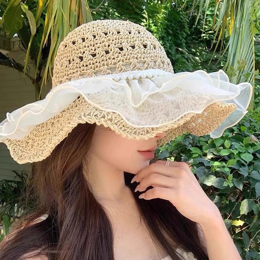 Beige Portable Lace Pearls Sun Cap Hollow Out Polyester Straw Weaving Beach Hat Breathable Thin Big Brimmed Woven Cap Women