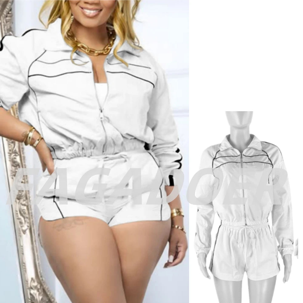FAGADOER Casual Color Block 2 Pieces Set for Woman Long Sleeve Zipper Crop Jacke and Drawstring Shorts Female Jogger Clothing