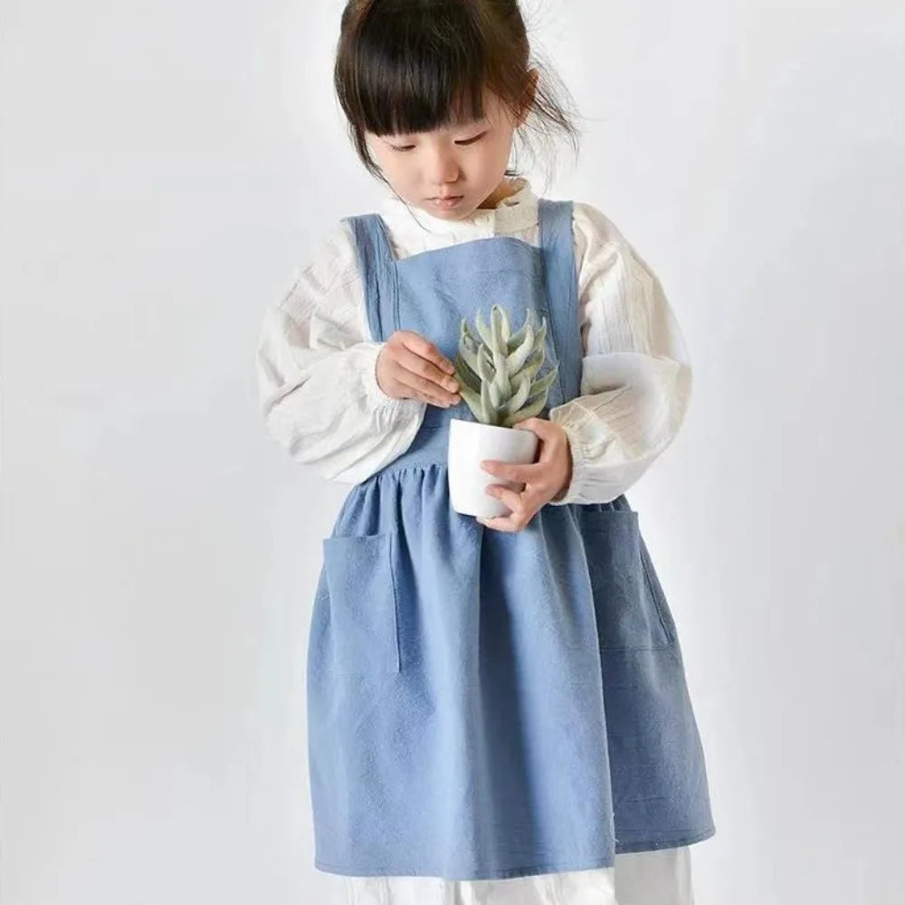 Kawaii Japanese Style Kids Apron Dress Solid Color Cotton Coffee Aprons Cross-back Soft Gardening Overalls Kitchen Accessories