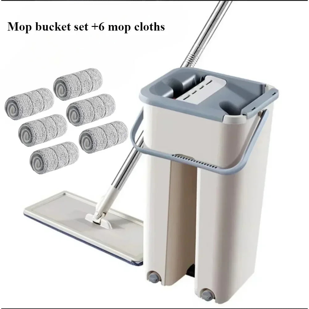 Flat Squeeze Mop with Bucket Hand Free Wringing Floor Cleaning Mop Microfiber Mop Pads Wet or Dry Usage on Hardwood Laminate