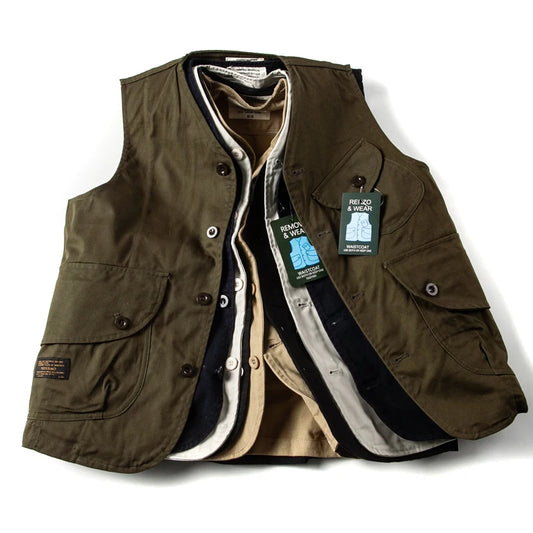 Retro Japanese Sle Loose Men's Vest Multi-ket Workwear Casual Streetwear Outerwear Couple's Jaet Youth Faion