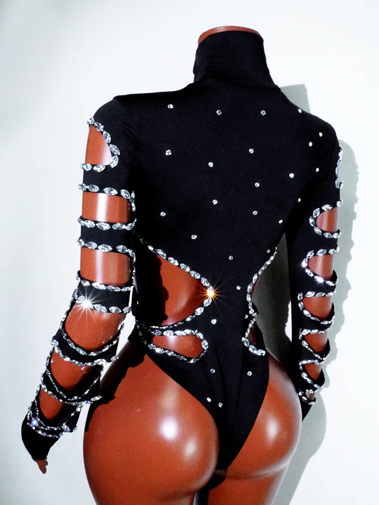 Drag Queen Outfit Sparkly Black Hollow Sexy 2 Piece Crystal Women Evening Prom Celebrate Birthday NightClub Performance Costume