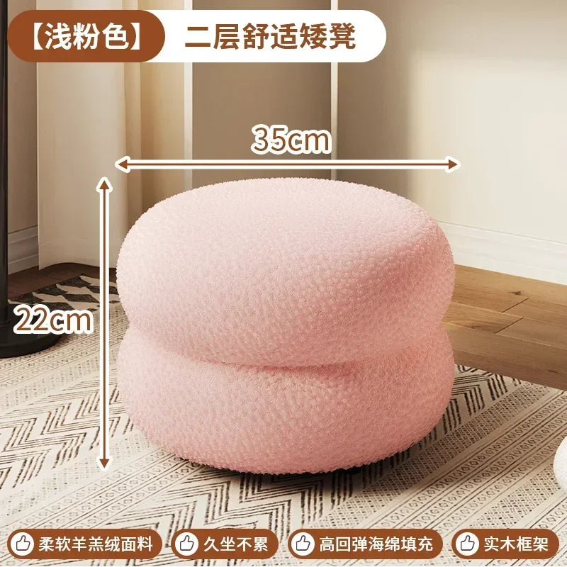 Creamy Household Stool for Girls, Makeup Seat, Bedroom Vanity Chair, Soft Lamb Wool Pouf, Minimalist Manicure, Round Ottoman