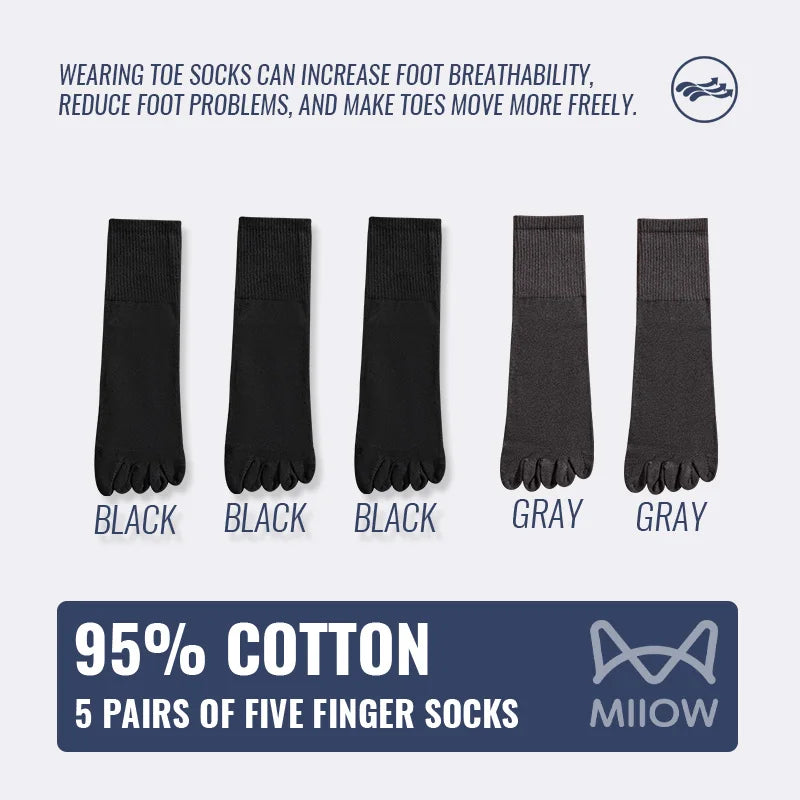 MiiOW 5Pairs Men Five Finger Long Socks Set Lycra Band Deodorant Antibacterial Sports Split Toe Stocking Causal Pure Cotton Sock