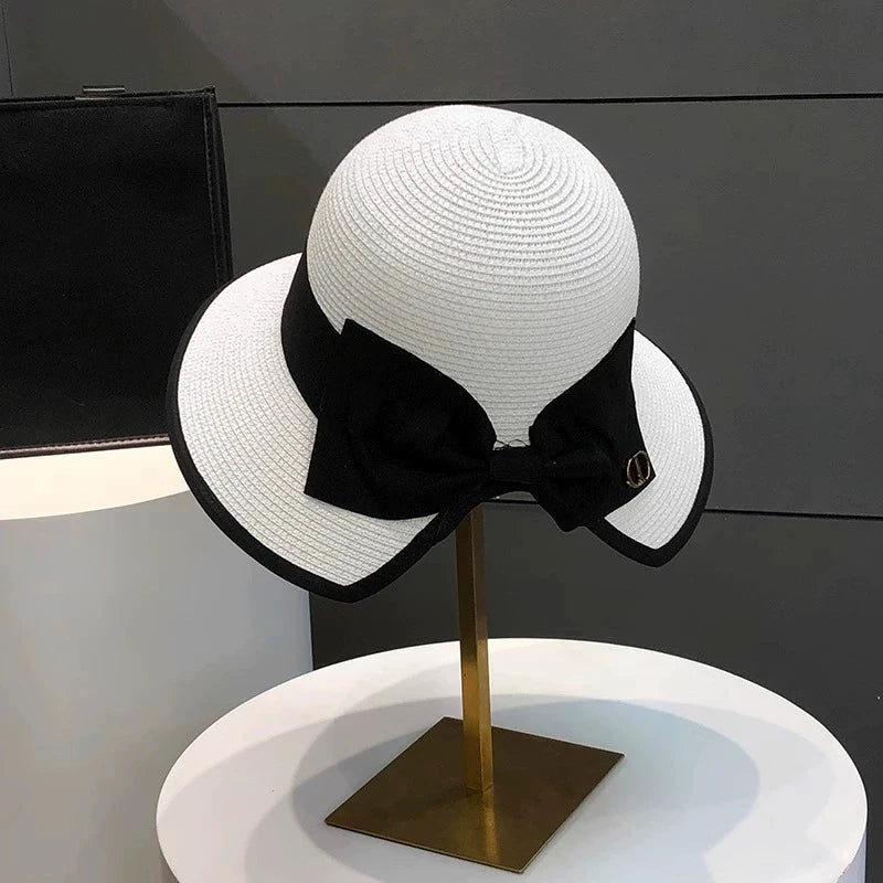 Summer Girls Sun Hats Wide Brim Bowknot Straw Hat with Ribbon Outdoor Sun Protection Women Hats Soild Color Ladies Panama Caps