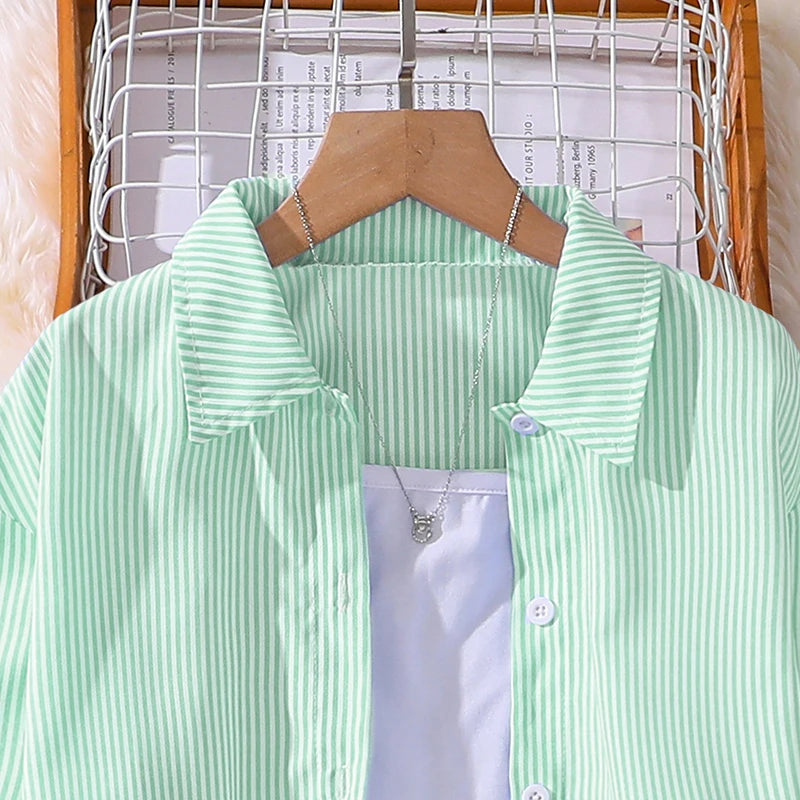 Kids Costume Suit For 4-12 Years Girls Pink Striped Long Sleeve Lapel Cardigan Shirt & Pants Daily Causal Style Comfortable Suit