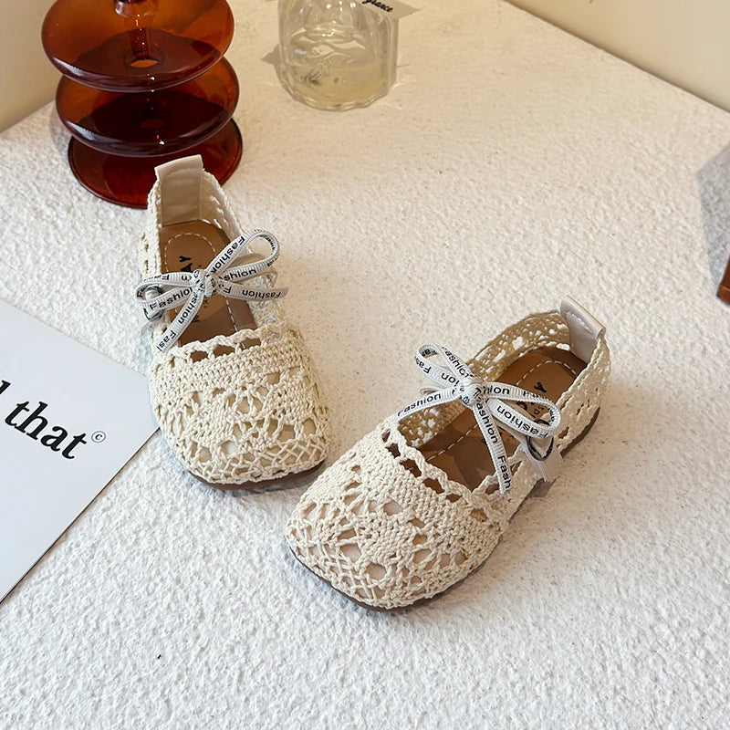 Bow Mesh Girls Flats Shoes Hollow Out Lace Solid Kids Princess Shoes Hook Loop Non Slip Toddler Children Fashion Shoes