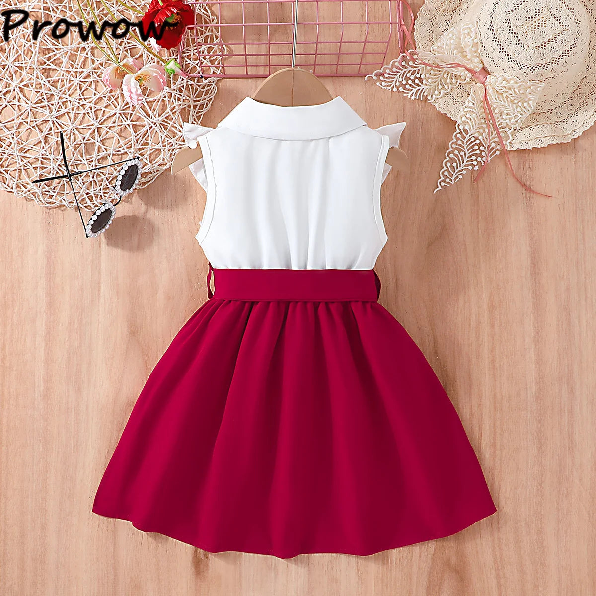 Prowow Lady Girl's Dresses Sleeveless Embroidery Floral Lotus Dress Turn-Down Collar Patchwork Shirt Dress For Girls With Belt