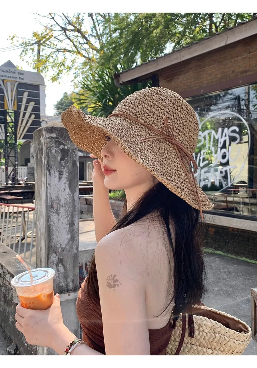 Holiday Sle Beach Fisherman Hat Seaside Sun Protection Sun Hat Large Brim Bow Woven Straw Hat Women Panama Chapeau Korean