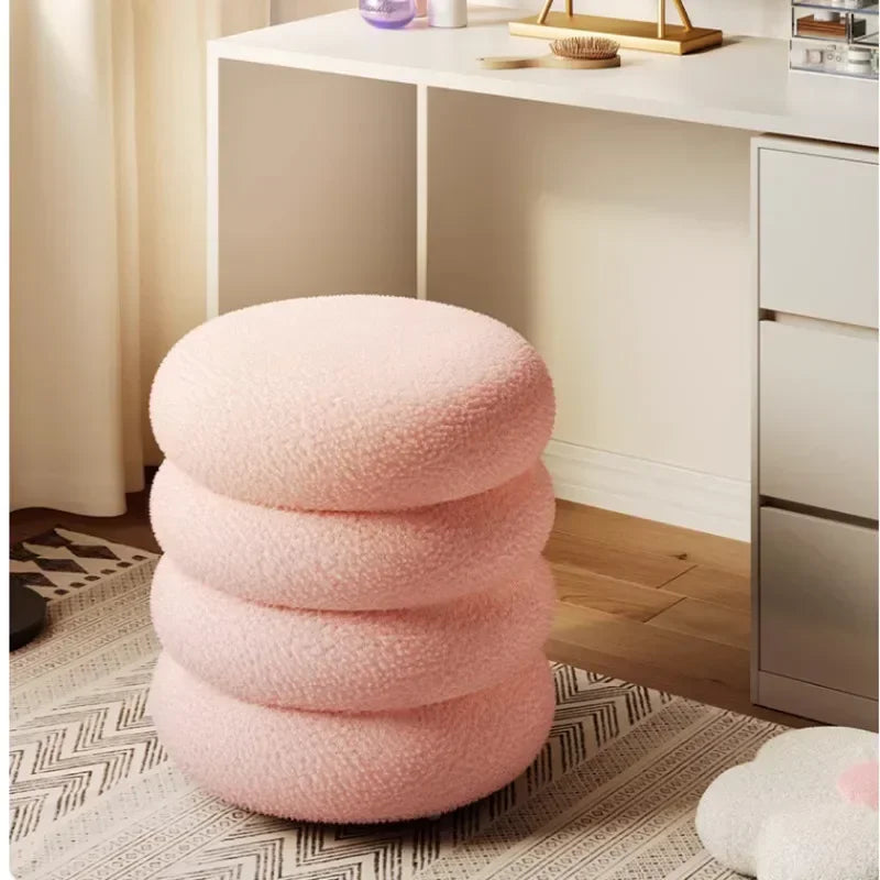 Creamy Household Stool for Girls, Makeup Seat, Bedroom Vanity Chair, Soft Lamb Wool Pouf, Minimalist Manicure, Round Ottoman