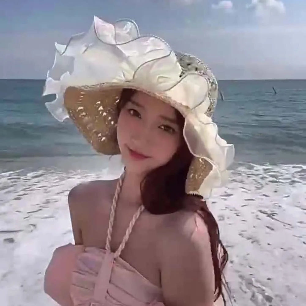 Beige Portable Lace Pearls Sun Cap Hollow Out Polyester Straw Weaving Beach Hat Breathable Thin Big Brimmed Woven Cap Women