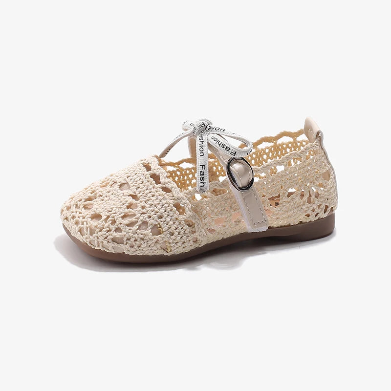 Bow Mesh Girls Flats Shoes Hollow Out Lace Solid Kids Princess Shoes Hook Loop Non Slip Toddler Children Fashion Shoes