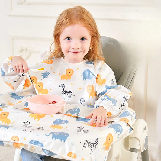 Waterproof Coverall Baby Feeding Bibs for 6 Month To 5 Years Old Toddler Long Sleeve Weaning Bib Attaches To Highchair and Table