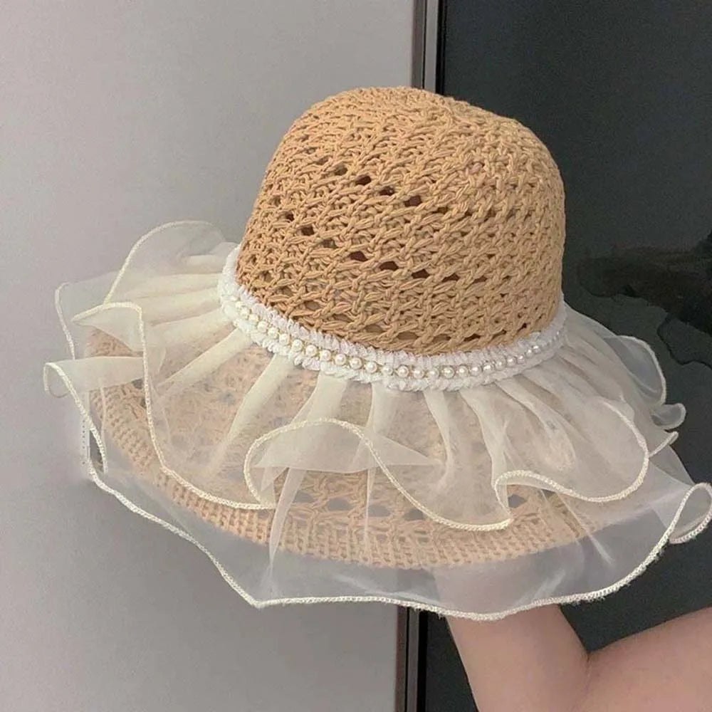 Beige Portable Lace Pearls Sun Cap Hollow Out Polyester Straw Weaving Beach Hat Breathable Thin Big Brimmed Woven Cap Women