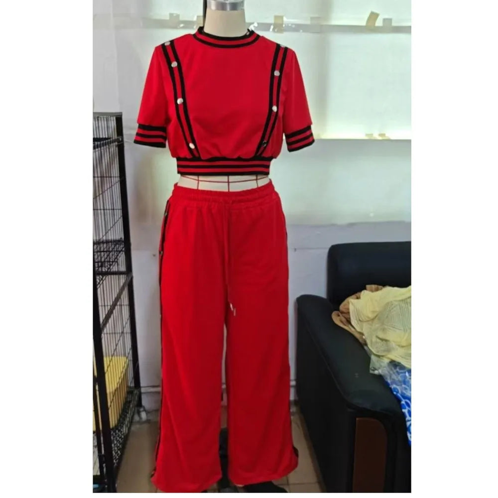 Fashion Rivet T Shirt Short Sleeved Long Pants Women's Set Autumn Casual Striped Red Slit Straight through Long Pants Sports Set