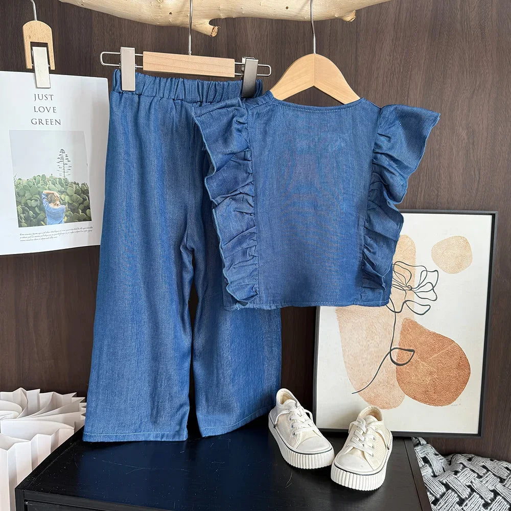 Bear Leader Toddler Girl Clothes Summer Solid Color Imitation Denim Children's Suit Blue Ruffled Sleeveless Vest+Pants 2Pcs Set