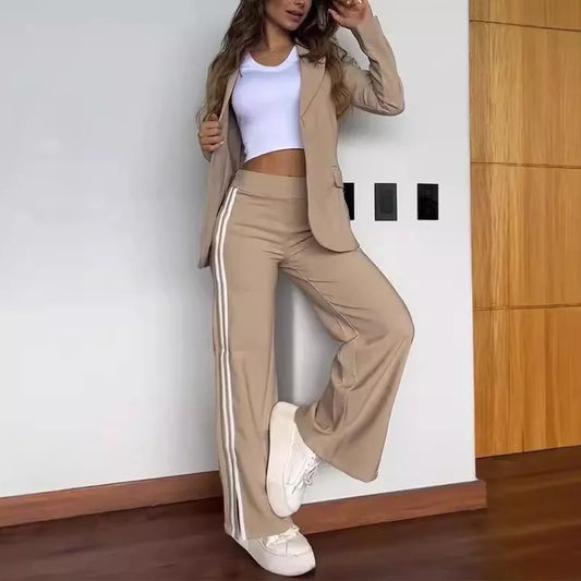 Women 2 Piece Sets Suit Jacket Wide Leg Pants Turn Down Collar Pockets Striped Blazer Coat Trousers 2025 Office Lady Outfits
