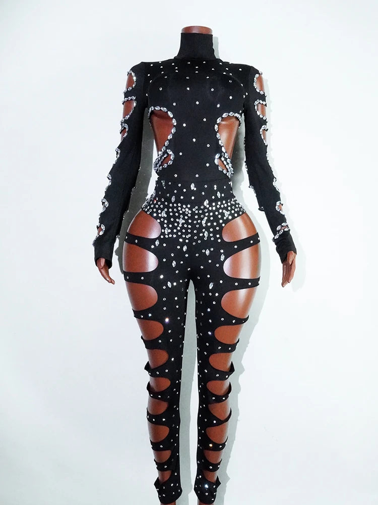 Drag Queen Outfit Sparkly Black Hollow Sexy 2 Piece Crystal Women Evening Prom Celebrate Birthday NightClub Performance Costume