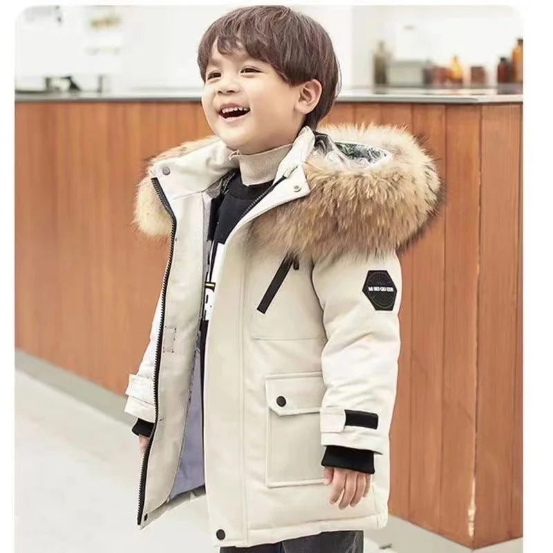 -30℃ Winter Kids Padded Jacket Children Thick Plus Velvet Warm Parkas Coat Boys Girls Fur Collar Hooded Cotton Clothes Outerwea