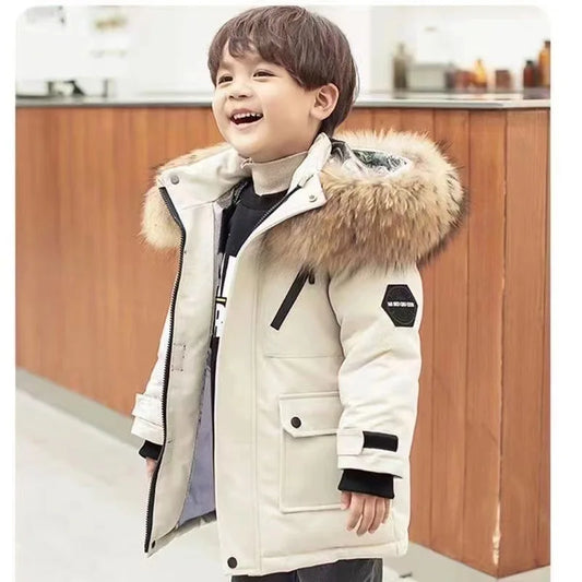 -30℃ Winter Kids Padded Jacket Children Thick Plus Velvet Warm Parkas Coat Boys Girls Fur Collar Hooded Cotton Clothes Outerwea