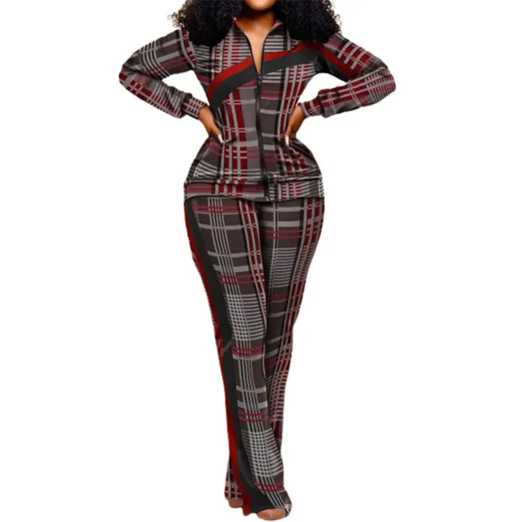 CPSYMYM Two Piece Set Women Outfit Autumn   Denim Look Print Zipper Design Stand Collar Long Sleeve Top & Casual Pants Set