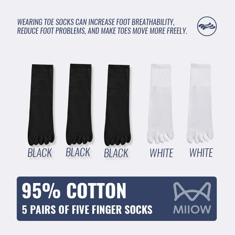 MiiOW 5Pairs Men Five Finger Long Socks Set Lycra Band Deodorant Antibacterial Sports Split Toe Stocking Causal Pure Cotton Sock