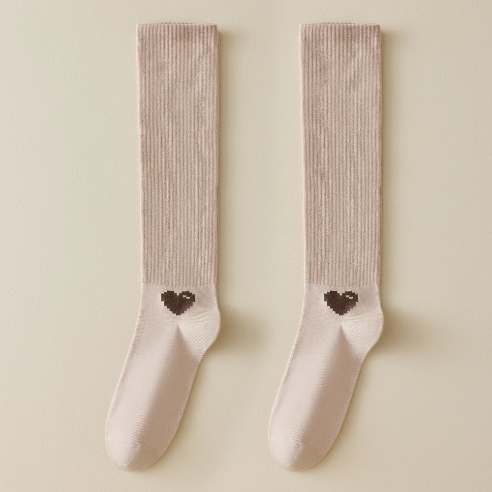 1 Pairs Spring-Autumn Trend Compression Calf Socks Women Heart Print Cotton High Socks Odor-Resistant for Slimming Legs All-Day
