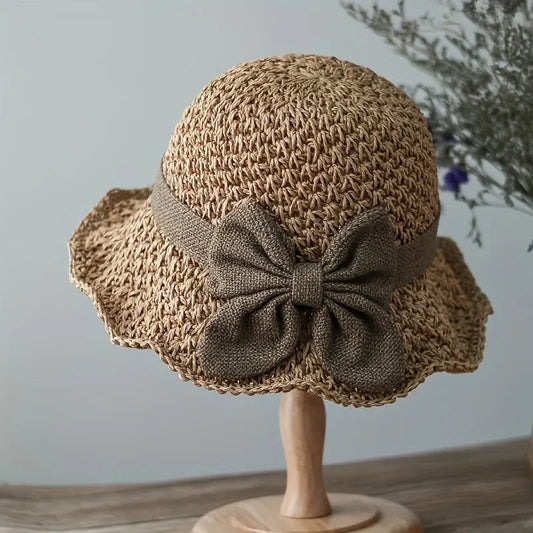 1pc/2pcs Elegant Sun Hat - Hand Woven with Vintage Ruffles and Bow, Foldable Travel Beach Hat