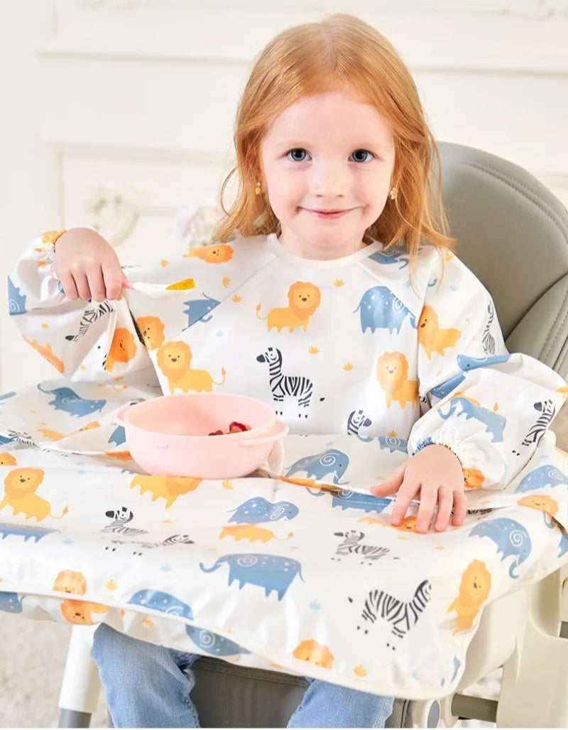 Waterproof Coverall Baby Feeding Bibs for 6 Month To 5 Years Old Toddler Long Sleeve Weaning Bib Attaches To Highchair and Table
