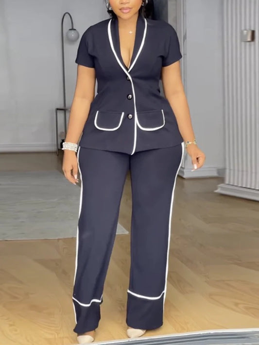 Two Piece Sets Women Outfits Short Sleeve Button Blazer Straight Pants Set with Contrast Piping Perfect for Office Wear Business