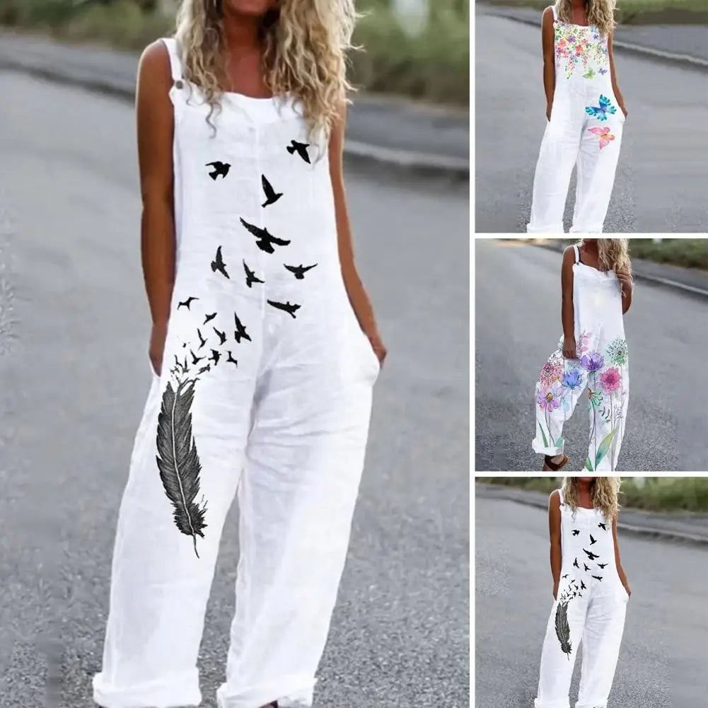 Casual Loose Jumpsuit Women Spaghetti Long Camis Summer Print Cotton Linen Strap Wide Leg Pants Bib Overalls Sleeveless Jumpsuit