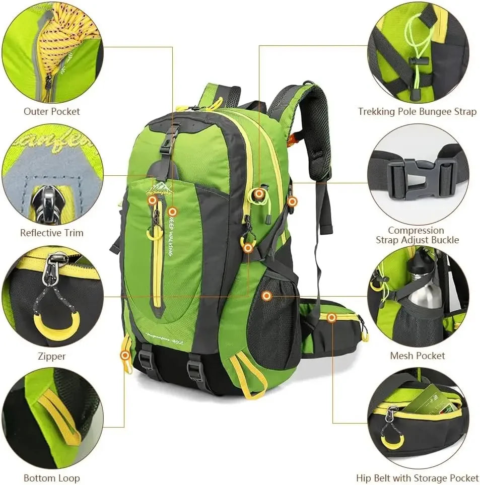40L Water Resistant Travel Backpack Camping Hiking Laptop Daypack Trekking Climbing Back Bags For Men Women Hiking Supplies