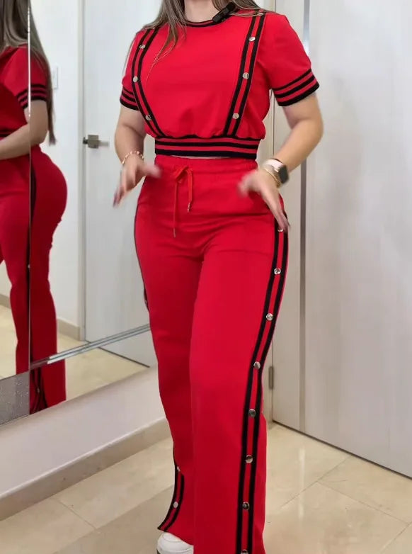 Fashion Rivet T Shirt Short Sleeved Long Pants Women's Set Autumn Casual Striped Red Slit Straight through Long Pants Sports Set