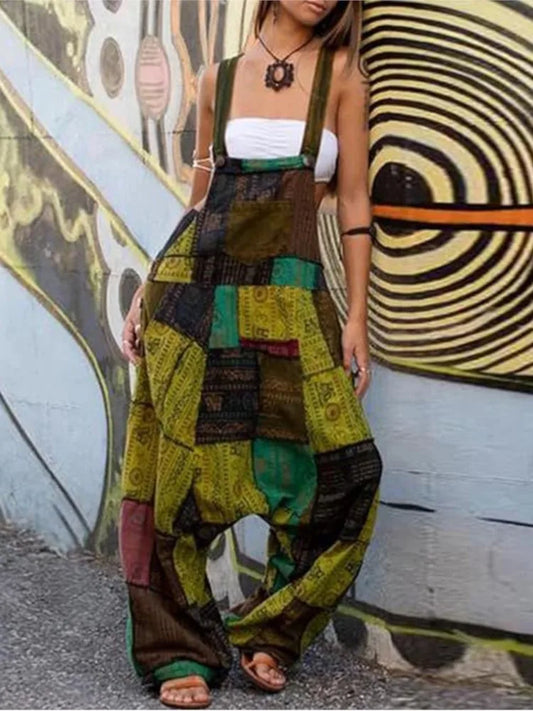 Fashion Patchwork Suspender Trousers Jumpsuit For Women Hip-hop Patchwork Ethnic Print Loose Harem Pantsstreet  Rompers Female
