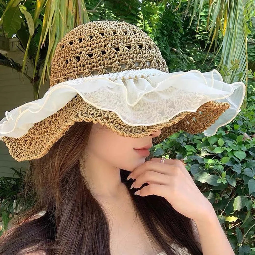 Beige Portable Lace Pearls Sun Cap Hollow Out Polyester Straw Weaving Beach Hat Breathable Thin Big Brimmed Woven Cap Women