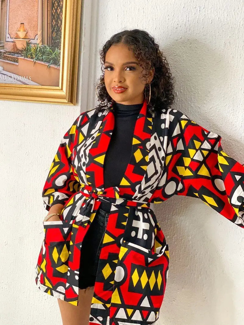 African  Printing Dress Women's Fashion Kimono Cardigan Coat Dashiki Geometric Belt Dress Plus Size Retro African Christmas Robe